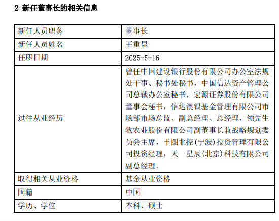 先锋基金任命王重昆担任新一任董事长 曾任职于建设银行、中国信达资管、宏源证券、信达澳银基金等