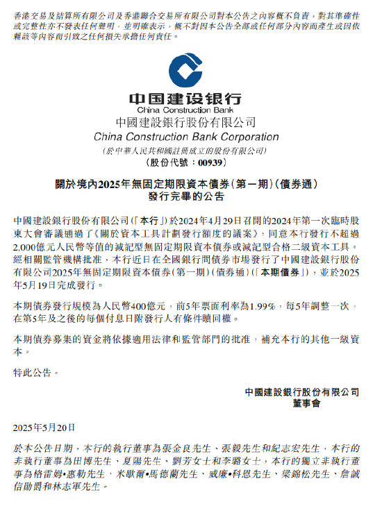 建设银行：完成发行400亿元无固定期限资本债券