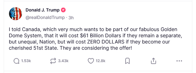 特朗普喊话加拿大：成为美国第51个州可免费获“金穹”保护！