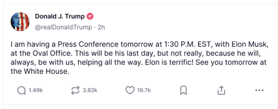 马斯克卸任倒计时!特朗普发声:明天白宫新闻发布会见
