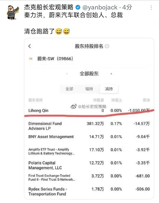 蔚来汽车：一季报资不抵债，另网传总裁秦力洪清仓！蔚来法务部回应
