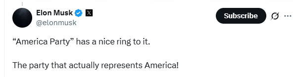 马斯克要创建美国新政党？在线投票获八成支持 名字都想好了