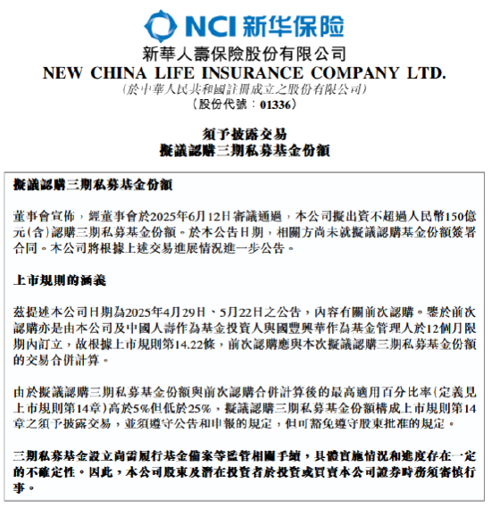 新华保险：拟出资不超过150亿元认购三期私募基金份额