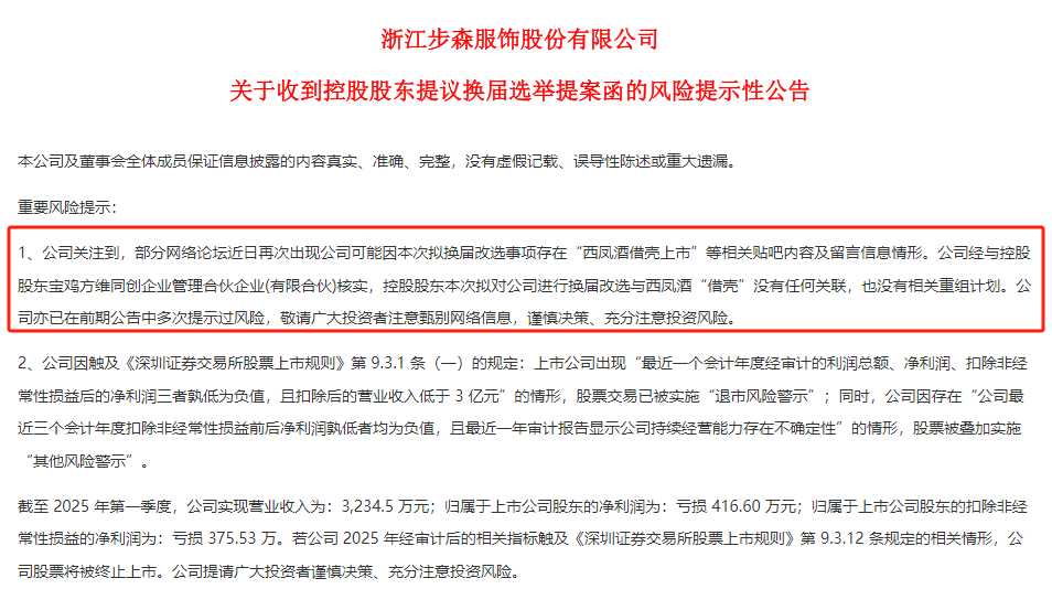 原董事长被提名*ST步森非独立董事，西凤酒又传“借壳上市”？官方回应
