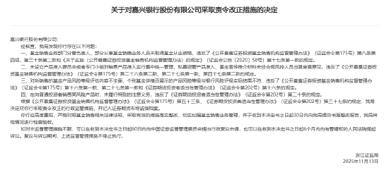 嘉兴银行被责令改正：对所销售的基金产品风险等级评估内容不全面等